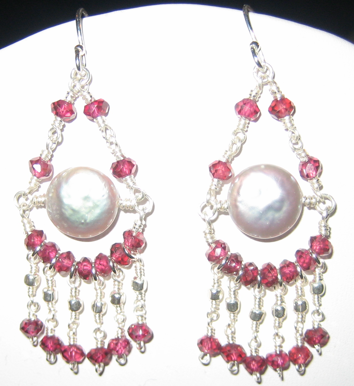 Sterling Silver Chandelier Earrings with Faceted Garnets and Coin Pearls