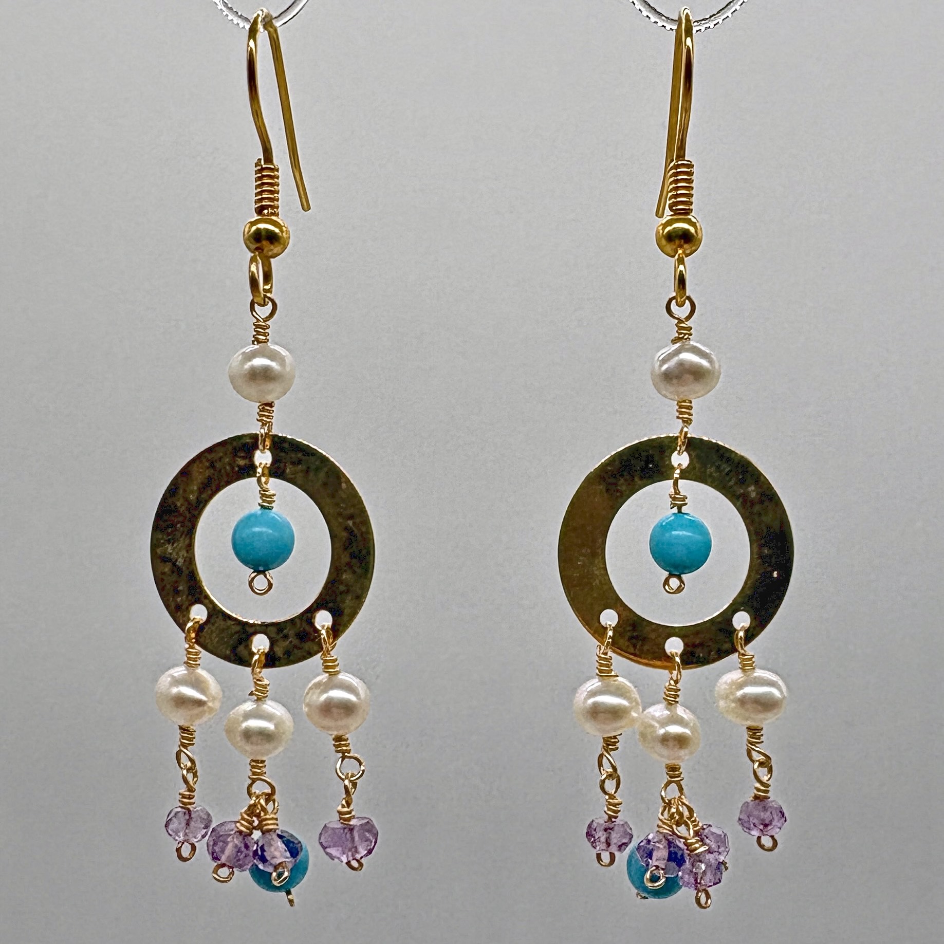 14k Gold-Filled Earrings with Freshwater Pearls, Turquoise, and Amethysts